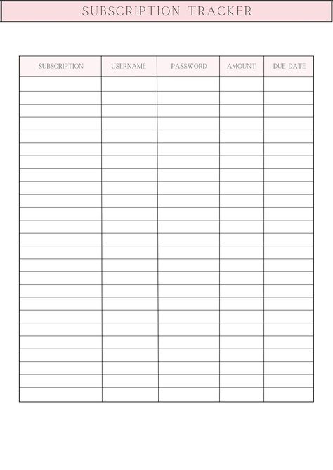 Printable Subscription Tracker Subscription Tracker Printable Free, Nacogdoches Texas, Subscription Tracker, Internet Slang, Bills Budget, Budget Money, Manage Time, Household Binder, Daily Organization