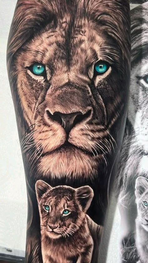 Lion With Cubs Tattoos For Men, Female Animal Tattoos, Father Daughter Lion Tattoos, Mens Lion Tattoo Forearm, Lion And Cubs Tattoo Father, Scarred Lion Tattoo, Lion And Baby Tattoo, Re Leone Tattoo, Lion Cub Tattoo Design