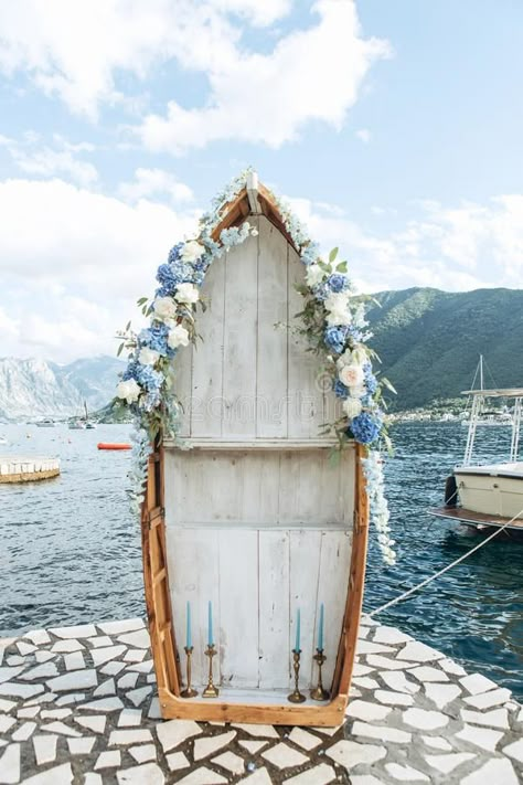 Preparing for the wedding. A wooden boat decorated with flowers as a wedding arc , #AFFILIATE, #wooden, #boat, #Preparing, #wedding, #decorated #ad Floating Mandap, Nautical Backdrop, Wedding Boat, Boat Photoshoot, Pirate Wedding, Selfie Wall, Boat Wedding, Aesthetic Places, Sea Wedding