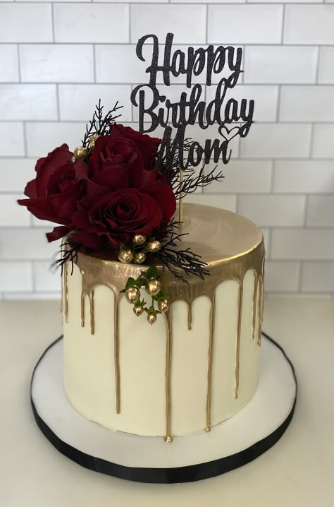 Bday Cakes For Mom, Mums Birthday Cake, Dark Red Birthday Cake, Aesthetic Cake Designs Birthday, Birthday Cakes For Mom, Happy 21st Birthday Cake, Birthday Cake Elegant, Happy Birthday Mom Cake, 50th Birthday Cake For Women