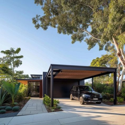 Luxury Carport Design, Carport Addition To House Side, Skillion Carport, Carport Addition, Aluminum Carport, Modern Carport, Carport Designs, Brisbane Queensland, Solar Roof