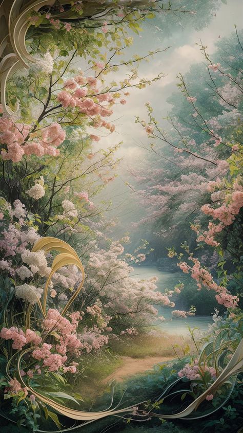 Immerse yourself in a vibrant spring landscape with delicate petals dancing in the breeze. This artwork features soft pinks, vivid whites, and deep purples intertwined with lush greenery, creating a dreamy Impressionist atmosphere. Influenced by Art Nouveau and Japanese ukiyo-e, it captures nature's transient beauty, evoking peace and renewal. Perfect for spring decor and nature lovers! #SpringBlossom #Wallpaper #Impressionism #ArtNouveau #HomeDecor Soft Dreamy Aesthetic Wallpaper, Soft Dreamy Aesthetic, Serenity Wallpaper, Dreamy Artwork, Serene Landscape, Dreamy Landscapes, Book Wallpaper, Spring Landscape, Blossoms Art