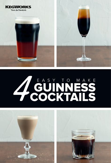 Pinterest Pin | 4 Easy To Make Guinness Cocktails Cocktails With Guiness, Guinness Drink Recipes, Guinness Cocktail Recipes, Recipes With Guinness Beer, Irish Drinks Cocktails, Malta Recipes, Guinness Chili, Guinness Beef Stew Slow Cooker, Guinness Recipes