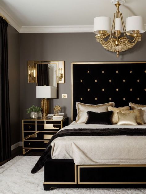 Create a regal and sophisticated bedroom aesthetic for men with a statement velvet tufted headboard, complemented by a sleek and modern black nightstand. Add accents like gold-trimmed wall sconces and a plush faux fur rug for a touch of luxury. Bedroom Aesthetic For Men, Royal Bedroom Aesthetic, Modern Black Nightstand, Black Accent Wall Ideas, Scandinavian Dining Room Decor, Aesthetic For Men, Velvet Tufted Headboard, Black Gold Bedroom, Royal Bedroom