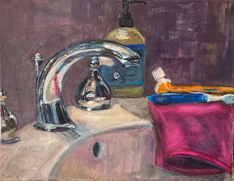 Bathroom sink oil painting art original art mrs Meyers soap toothpaste Painting Of A Bathroom, Painting Of Bathroom, Paneling Walls Ideas, Meyers Soap, Paneling Walls, Rachel Duncan, Bathroom Paintings, Painting 2023, Mrs Meyers