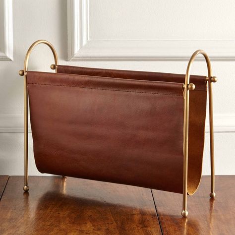 Leather Magazine Rack, Sitting Areas, Wood Magazine, Living Room And Dining Room, Soho House, Magazine Holders, Hotel Rooms, House And Home Magazine, Brass Frame