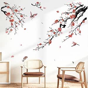 wondever Watercolor Flower Tree Branch Wall Stickers Blossom Red Floral Birds Peel and Stick Wall Art Decals for Living Room Bedroom Stick Wall Art, Tree Branch Wall, Wall Art Decals, Cute Bedroom Ideas, Flower Tree, Tree Wall Stickers, Flower Wall Stickers, Red Tree, Flower Branch