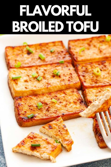 A go-to tofu recipe for busy weeknights! The tofu is coated in a flavorful sauce and broiled in the oven, an easy cooking method for delicious tofu! Oven Tofu Recipes, Oven Roasted Tofu, Boiled Tofu Recipes, Extra Firm Tofu Recipes Easy, Broiled Tofu, Firm Tofu Recipes, Tofu Recipes Healthy, Veggie Main Dishes, Easy Healthy Dinner Ideas