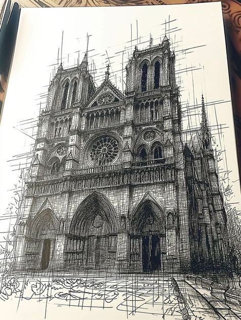 Notre Dame Sketch Architecture, Cool Gothic Drawings, Gothic Architecture Design, Notre Dame Cathedral Painting, Notre Dame Cathedral Interior, Classic Architecture Drawing, Detailed Architecture Drawing, Cathedral Notre Dame Paris, Architecture Art Project