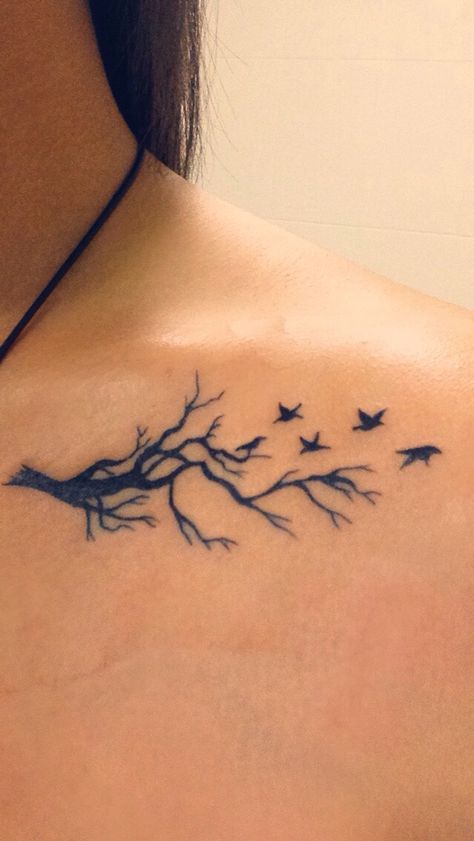 Tree And Bird Tattoos For Women, Bird And Vine Tattoo, Falling Bird Tattoo, Tree Collar Bone Tattoo, Tree Bird Tattoo, Poison Tree Tattoo, Freedom Tattoo Ideas For Women, Tree With Birds Tattoo, Tattoo Freedom