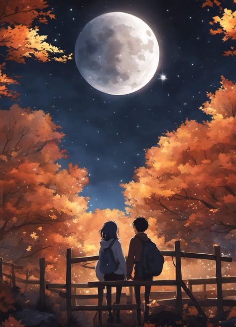 Cute couple under the full moon in autumn Night Sky Couple Under The Stars Anime, Animated Couple Aesthetic, Couple Watching Moon, Romantic Aesthetic Love Art, Dating Wallpaper, Anime Couple Aesthetic, Stargazing Aesthetic Couple, Aesthetic Anime Couple, Love Cartoons Aesthetic