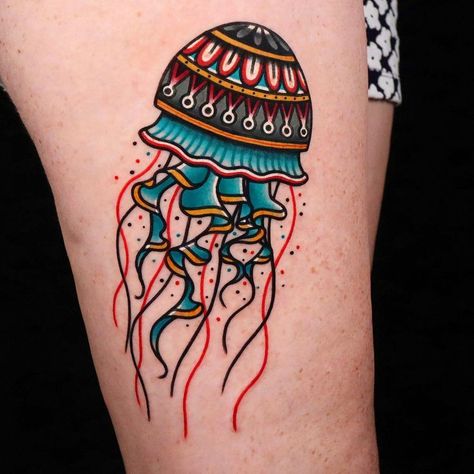 Tattoo work done with EM149 Tattoo work from USA on Instagram: @kucci_tattooer @stigma_tattoo_supply Traditional Jellyfish Tattoo, Traditional Ocean Tattoo, Traditional Jellyfish, Lobster Tattoo, Ocean Sleeve, Ocean Tattoo, Jellyfish Tattoo, C Tattoo, Ocean Tattoos