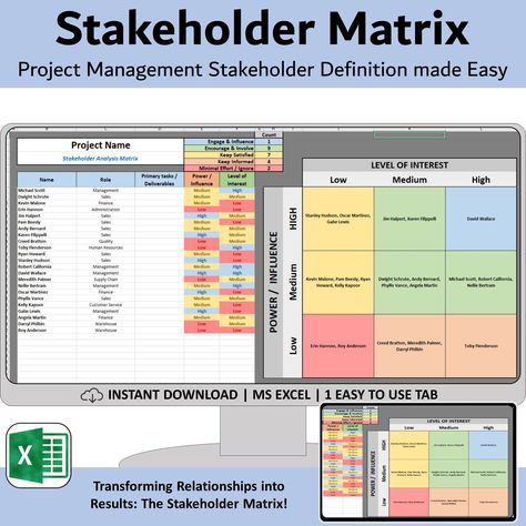 Elevate your project management efforts with our comprehensive Stakeholder Analysis Matrix spreadsheet. Tailored for HR professionals and project leaders alike, this tool seamlessly integrates RACI-like principles to clarify and analyze influence of all potential stakeholders. Utilizing a power/interest framework, it helps you identify and prioritize stakeholders effectively, ensuring every voice is heard throughout your project lifecycle. With user-friendly features, this matrix enables you to Stakeholders Mapping, Project Management Excel, Excel Project Management, Excel Templates Project Management, Stakeholder Mapping, Business Process Mapping, Risk Matrix, Stakeholder Analysis, Business Strategy Management