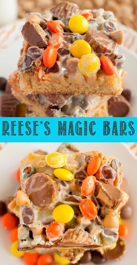 Reese's Magic Blondie Bars are the ultimate dessert for peanut butter lovers! A chewy blondie with a gooey chocolate and triple peanut butter topping! #reeses #peanutbutter #dessert #magicbars #peanutbuttercups Peanut Butter Topping, Blondie Bars, Easy Dessert Bars, Peanut Butter Squares, Cookie Bars Easy, Blondie Bar, Magic Bars, Kid Desserts, Peanut Butter Desserts