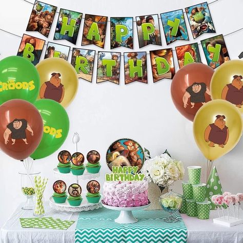 die croods HAPPY BIRTHDAY PARTY DECORATIONS BANNER BALLOONS CAKE TOPPERS Here we have a great party set which is perfect for celebrating birthday parties and special occasions, it will help create a fun atmosphere and bring enjoyment for all those who are present. In this set there are: 18 x balloons assorted designs 24 x cupcake toppers 1 large birthday cake topper 1 x happy birthday banner 1 x ribbon for hanging This Croods birthday party decoration set has a great character design and will he The Croods Party Ideas, Croods Birthday Party, Large Birthday Cake, Celebrating Birthday, Balloons Cake, Mini Tortillas, Cake Banner Topper, Balloon Cake, Balloon Banner