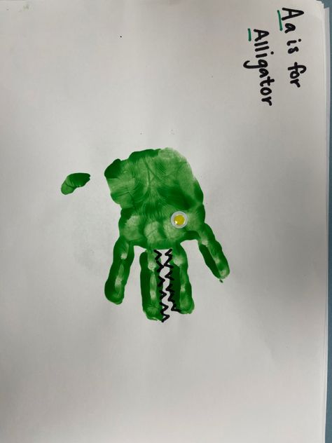 Green Handprint Art, A Is For Handprint Craft, Green Handprint Craft, Alligator Handprint Craft, A Is For Alligator, Alligator Crafts, Green Crafts, Infant Art, Color Lessons