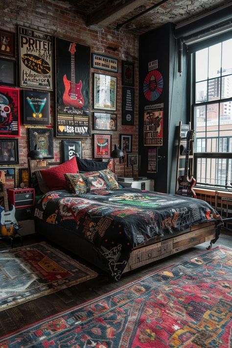 80s Punk Bedroom Aesthetic, Punk Decor Apartments, Western Gothic Bedroom, Rock And Roll Bedroom, Punk Apartment, Punk Interior Design, Rockstar Bedroom, Rock And Roll Room, Goth Bedroom Ideas