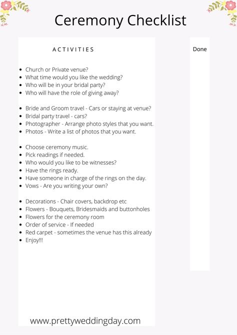 Free! Ceremony Planning Checklist #wedding #checklist #ceremony #planning Wedding Ceremony Checklist Detailed, Wedding Ceremony To Do List, Ceremony Line Up Order, Ceremony Checklist Wedding, Wedding Officiant Checklist, Wedding Ceremony Planning, Wedding Checklist Uk, Ceremony Checklist, Wedding Ceremony Timeline