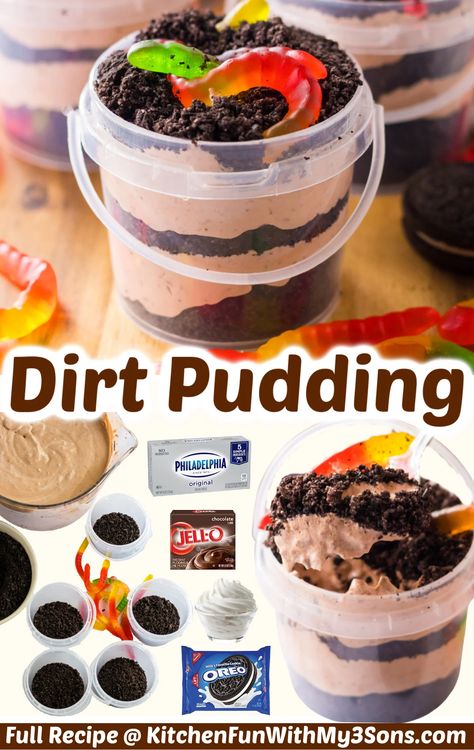 Have you ever eaten the classic dirt dessert with Oreos and gummy worms? This Dirt Pudding Recipe is based on the nostalgic treat we loved as kids. Now you get to make it for your kids to enjoy, too! Brownie Dirt Cups, Dirt Pudding Recipe With Cream Cheese, Dirt Pudding With Cream Cheese, Gummy Worm Dirt Pudding, Dirt Cake Cheesecake, Dirt Pie Cups, Dirt Pie Cake, Dirt Cup Dessert, Chocolate Dirt Cake Recipe