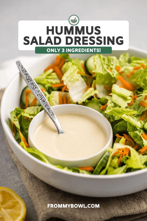 This 3-Ingredient Hummus Salad Dressing is perfect for a quick, easy, and tasty fix! Use it to top your favorite salad or veggie bowl. Hummus Salad Dressing, Oil Free Hummus Recipe, Easy Dressing Recipe, Vegan Valentines, Simple Soups, Gluten Free Hummus, Oil Free Salad Dressing, Hummus Salad, Valentines Recipes