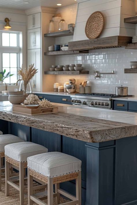 Tiny Beach House Kitchen Ideas, Nautical Theme Kitchen, Coastal Blue Kitchen Island, Lake House Small Kitchen, Shore House Kitchen, Beachy Modern Kitchen, Coastal Kitchen Renovation, Florida Kitchen Design, Blue Beach Kitchen