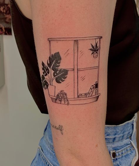 Window frame with suculents, plants, and books. tattoo done by @lexieroseart on instagram :) Window Flower Tattoo, Window Seal Tattoo, Fine Line Window Tattoo, Picture Frame Tattoo Simple, Window With Flowers Tattoo, Tattoos In Squares, Window Tattoo Minimalist, Framed Picture Tattoo, Framed Floral Tattoo