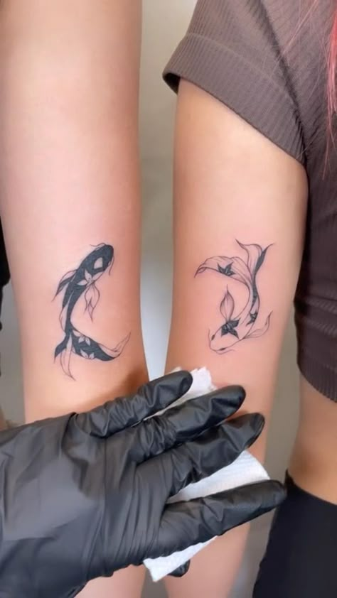 Matching Animal Tattoos Couple, Mother And Daughter Disney Tattoos, Matching But Different Tattoos Couples, Nature Couple Tattoos, Matching Hippie Tattoos, Matching Collar Bone Tattoos, Tattoos For Two People, Tattoo For Partner, Polar Opposite Tattoos