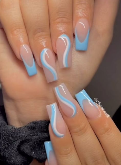 Acrylic Nail Designs Blue And Pink, Nail With Squiggly Line, Square Nails With Swirls, Light Blue Nail French Tip, Blue Nails With Line Design, Blue And White Squiggle Nails, Squiggle Nails French Tip, Swiggly Nails, French And Swirl Nails