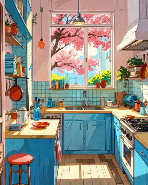 In a kitchen bathed in morning light, the window frames a dance of cherry blossoms, where each petal whispers the secret joys of simple living. 🌸 . . . . . . . #aiart #aiartcommunity #aiartwork #aiartdaily #aiartfamily #aiartist #aipainting #midjourney #lofi #playgroundai #leonardoaiart #prernaverse #artexploration #digitalart House Illustration Simple, Digital Architecture, Vintage Town, Kitchen Illustration, Interior Design Sketchbook, Window Illustration, Window Drawing, House Outer Design, Life Kitchen