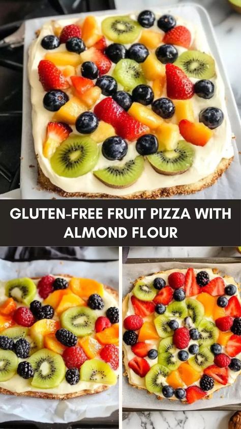 Gluten-Free Fruit Fizza With Almond Flour – Culinary Chase Gf Fruit Pizza, Dairy Free Fruit Pizza, Gluten Free Fruit Pizza, Homemade Summer Drinks, Fruit Cocktail Cake, Healthy Fruit Pizza, Almond Flour Crust, Greek Yogurt Flavors, Dairy Free Yogurt