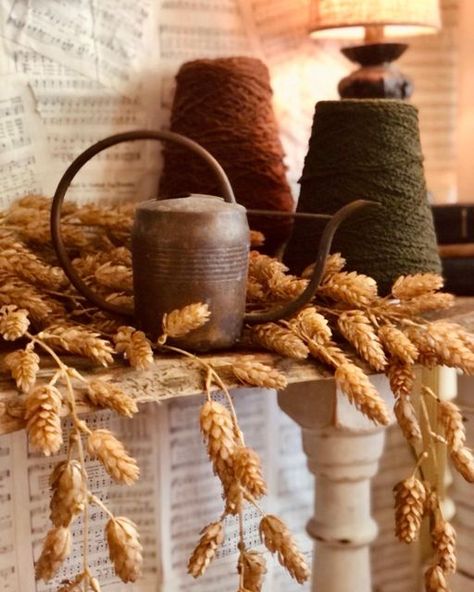 Autumn Farmhouse Aesthetic, Rustic Autumn Aesthetic, Vintage Farm Equipment Decor, Rooster Collection Display, Rustic Farmhouse Pumpkins Crochet, Vintage Vignettes, Country Living Magazine, Rustic Fall Decor, Farmhouse Fall Decor