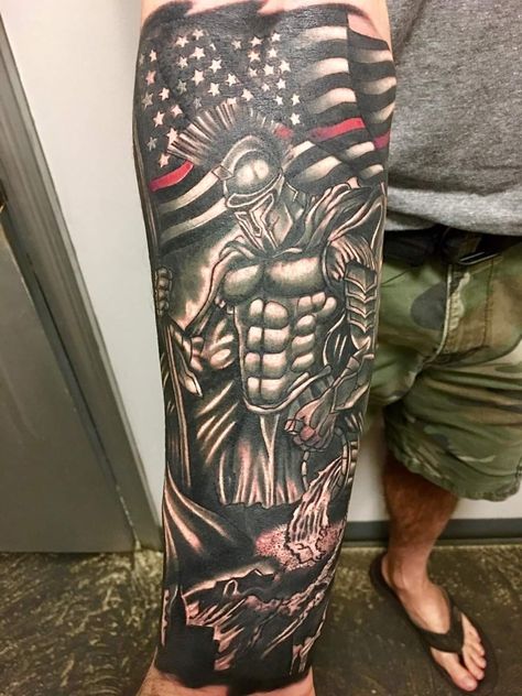 Firefighter Tattoo Sleeve, Fireman Tattoo, American Flag Sleeve Tattoo, Fighter Tattoos, Police Tattoo, Firefighter Tattoo, Fire Fighter Tattoos, Shoulder Sleeve Tattoos, Shamrock Tattoos