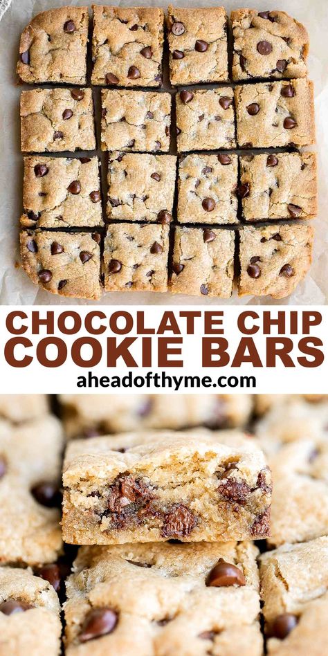 Chewy chocolate chip cookie bars are a quick, easy, and lazy version of classic Chocolate Chip Cookies that take half the prep time (no scooping cookie dough here!). They are soft and chewy with perfect crisp edges and a gooey center, and are loaded with chocolate chips. This one bowl cookie bar recipe comes together in just 10 minutes with classic baking ingredients. It's easy to make ahead and freezer-friendly too! | aheadofthyme.com #cookiebars #chocolatechipcookiebars #choc via @aheadofthyme One Bowl Cookie Bars, Choc Chip Cookie Bars, Chewy Chocolate Chip Cookie Bars, Nutella Bar, Classic Chocolate Chip Cookies, Bakery Food, Chocolate Chip Bars, Frozen Cookie Dough, Easy Chocolate Chip Cookies