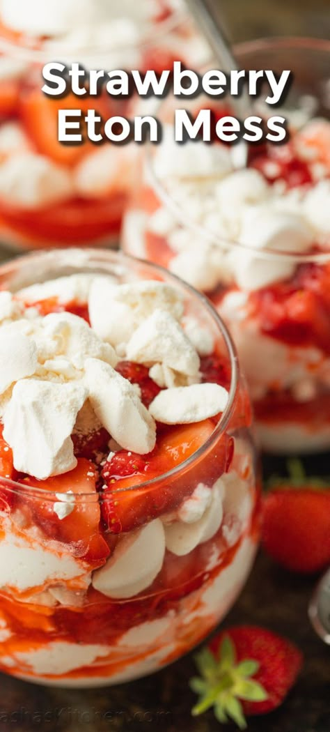 Eton Mess is a no-bake, classic British dessert with layers of fresh and blended strawberries, lightly sweetened whipped cream and crushed meringue cookies. The strawberries give it vibrant flavor and cuts the sweetness. Eton Mess is so easy to put together and is perfect for gatherings. Strawberry Eton Mess Recipe, Strawberry And Meringue Desserts, Strawberry Eton Mess, Classic British Desserts, No Bake Meringue, Easy Summer Desserts For A Crowd, Eton Mess Cake, Eton Mess Dessert, Eton Mess Recipe