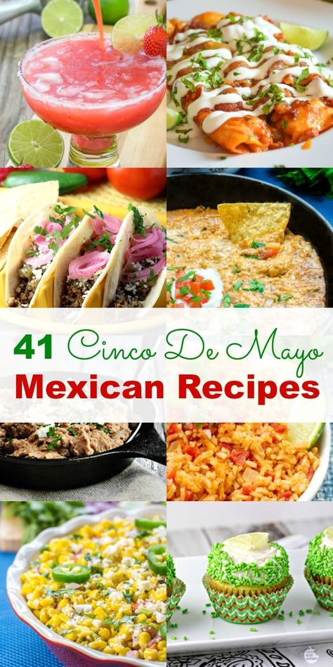 This Cinco De Mayo Menu provides all the delicious Cinco De Mayo Food ideas and recipes for your Cinco De Mayo celebration including drinks, appetizers, mains dishes, sides, and desserts! #CincoDeMayo #MexicanRecipes #CincoDeMayoMenu #CincoDeMayoRecipes #MexicanFood Cinco De Mayo Food Ideas, Dijon Butter, Rice Spanish, Mexican Party Food, Cheesecake Salad, Watergate Salad, Bbq Pitmasters, Lemon Shortbread, Cinco De Mayo Celebration