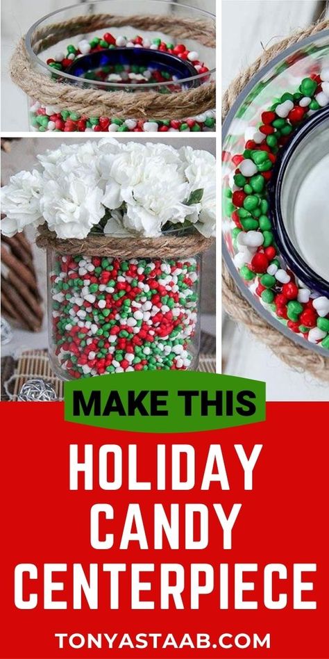 How To Make a Holiday Candy Centerpiece | Tonya Staab Christmas Candy Centerpieces, Wonka Christmas, Candy Centerpiece, Candy Centerpieces, Christmas Party Table, Party Table Centerpieces, Holiday Candy, Sweet Christmas, Easy Christmas Diy