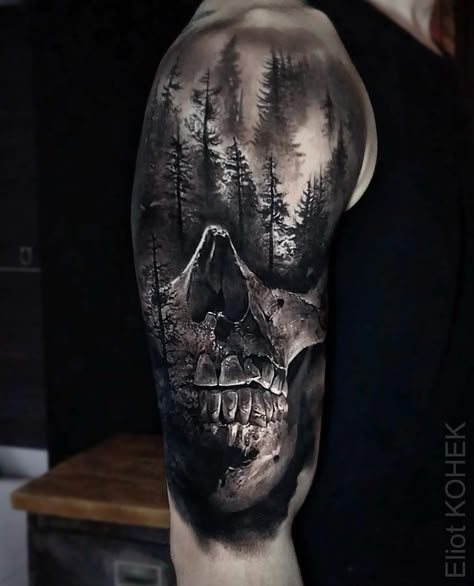 Sublime piece done on guy's shoulder and upper arm, with a realism skull and a dark, scary looking forest above. Forest Tattoo, Skull Sleeve Tattoos, Skull Sleeve, Cool Arm Tattoos, Marvel Tattoos, Scary Tattoos, Landscape Tattoo, Forest Tattoos, Upper Arm Tattoos