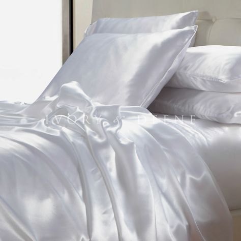 silk satin white sheet set online now at www.ivoryanddeene.com.au  - free aus wide shipping/fast worldwide delivery x White Satin Sheets, Royal Bedding, Satin Blanket, Royal Bed, Rainbow Bedding, Satin Quilt, White Sheet, King Or Queen, Silk Sheets