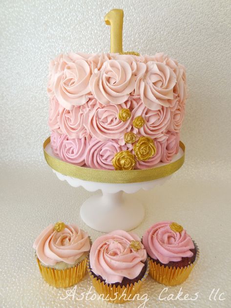 Miss Onederful Birthday Cake, Rosette Smash Cake, Smash Cake And Cupcakes, Pink Rosette Cake, Birthday Cake And Cupcakes, Pink Birthday Cake, Vanilla Mug Cakes, Rosette Cake, Pink Birthday Cakes