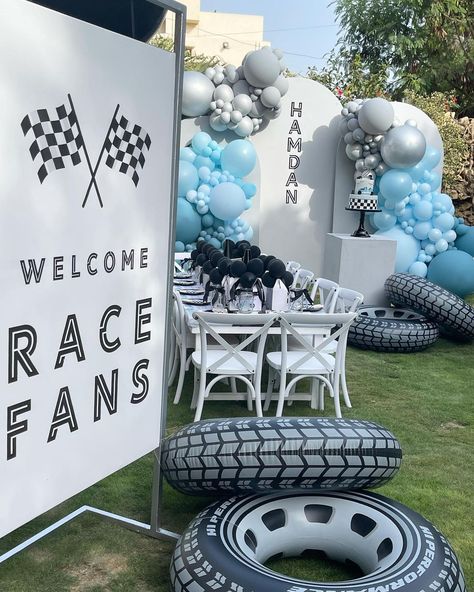 Race Car Cake Smash 1st Birthdays, Fast Two Theme, Racing Balloon Garland, Two Fast Party Ideas, F1 1st Birthday Party, Fast One Dessert Table, Car Themed Birthday Party 1 Year, First Race Birthday, 3rd Birthday Theme Ideas Boy