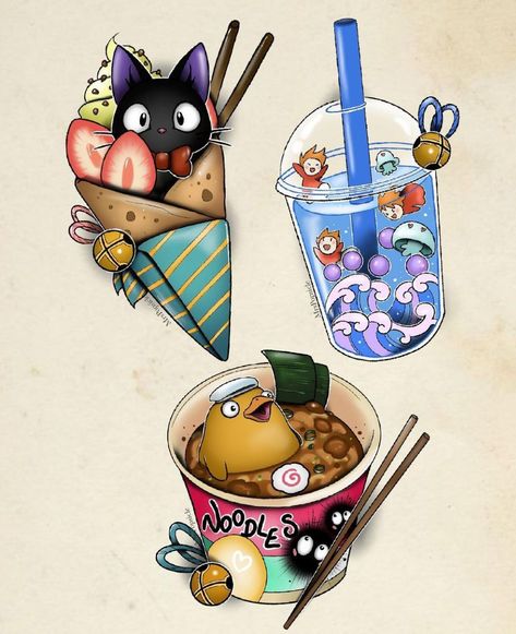 Neo Traditional Anime Tattoo, Gotik Tattoo, Studio Ghibli Tattoo, Studio Ghibli Fanart, Food Tattoos, Ghibli Tattoo, Japan Tattoo Design, Kawaii Tattoo, Ghibli Artwork