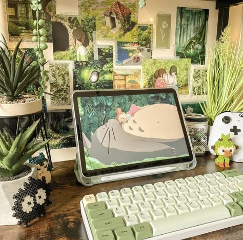 Ghibli Desk Setup, Green Gaming Room, Green Desk Setup, Green Desk Decor, Studio Ghibli Desk, Green Gaming Setup, Cozy Pc Setup, Cozy Gamer Aesthetic, Cozy Gaming Setup