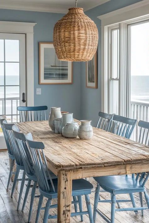 Dining Table Beach House, Beachy Dining Room Ideas, Coastal Boho Interior, Coastal Boho Living Room, Beachy Dining Room, Coastal Dining Room Ideas, Coastal Farmhouse Dining Room, Boho Beach Bedroom, Rustic Beach House Decor