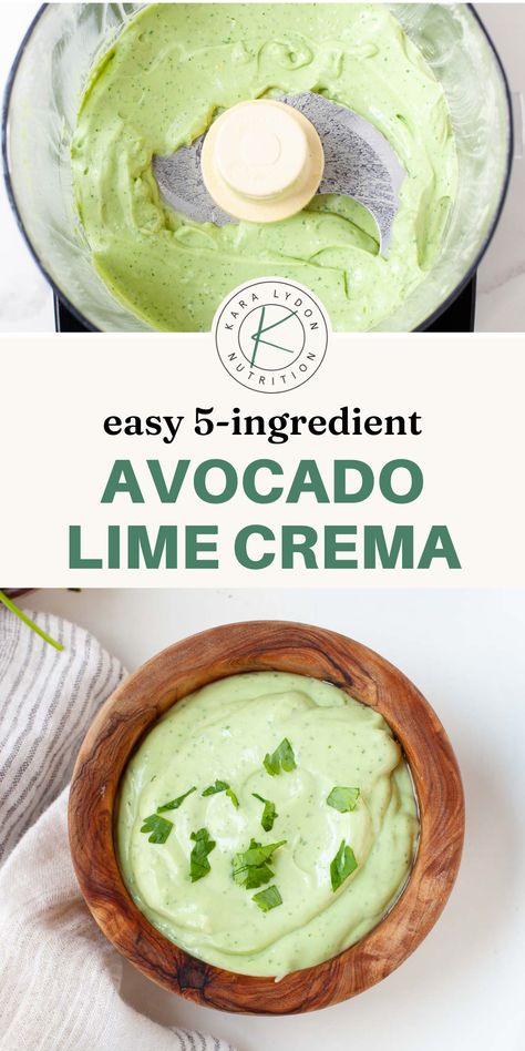 This creamy homemade avocado crema with Greek yogurt comes together in just 5 minutes with only 5 ingredients. Made with Greek yogurt, lime juice, and cilantro, this zesty avocado sauce recipe is simple and yet packed with flavor. Perfect with any Mexican dish, chicken, or fish! Avocado Crema With Greek Yogurt, Greek Yogurt Crema, Avocado Lime Crema, Lime Crema Recipe, Fajitas Chicken, Avocado Sauce Recipe, Greek Yogurt Sauce, Crema Recipe, Lime Crema