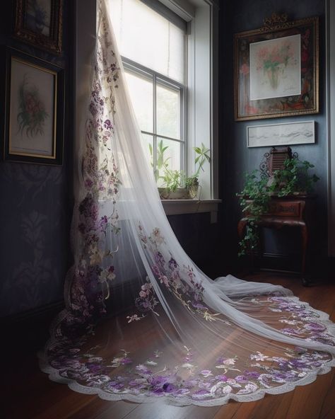 Tangled Wedding Veil, Long Flower Veil, Unique Wedding Vails, Fairy Veil Wedding, Purple Floral Wedding Dress, Wedding Dress With Purple Flowers, Purple Flower Wedding Dress, Iridescent Wedding Veil, Long Floral Veil