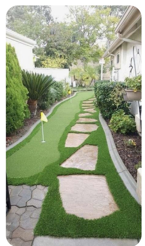 Half Turf Backyard, Concrete And Artificial Grass Backyard, Outdoor Turf Ideas, Curb Landscaping Ideas Street, Backyard Putt Green, Turf Landscaping Ideas, Mini Golf At Home, Backyard Putt Putt, Backyard Golf Ideas