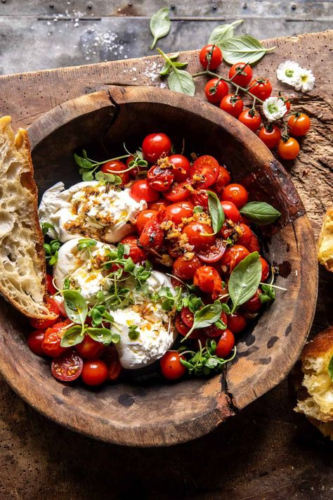 Roasted Garlic Tomato Burrata Caprese | halfbakedharvest.com Roasted Garlic Caprese Dip, Roasted Garlic Tomato Burrata Caprese, Roasted Tomato Burrata Salad, Buratta Caprese, Burrata Caprese, Salad Taco, Salad Macaroni, Tomato Caprese, Half Baked Harvest Recipes