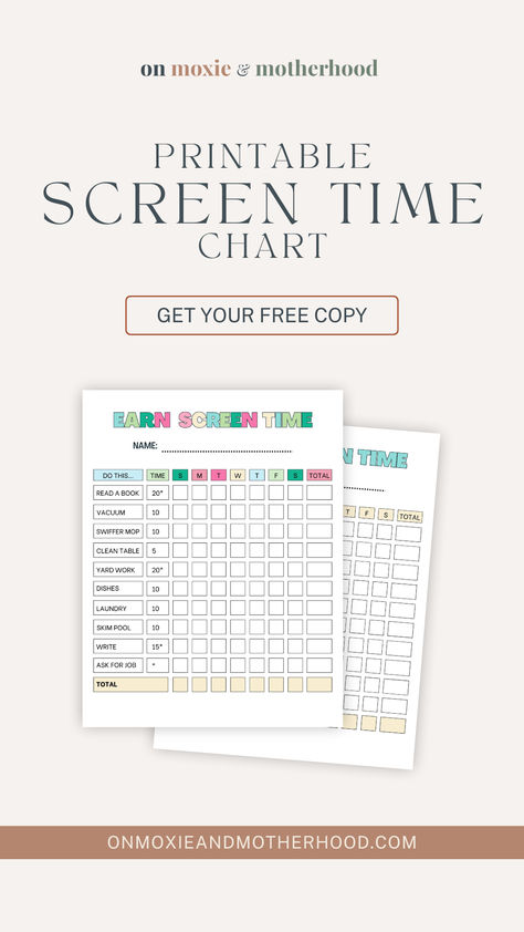 Earn Screen Time Chart Printable (customizable) Screentime Checklist For Kids, Earn Screen Time, Earning Screen Time For Kids, Earn Screen Time Chart, Screen Time Rules Printable, Screen Time Chart, Productivity Printables, Reward System For Kids, Screen Time Rules