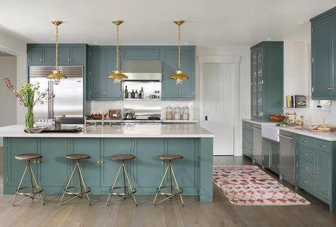 Green Kitchen Cabinets with Brass Hardware and Lights - Transitional - Kitchen - Farrow and Ball Green Smoke Teal Cabinets, Teal Kitchen, Green Kitchen Cabinets, Small City, Cabinet Ideas, Kitchen Upgrades, Blue Kitchen, Kitchen Cabinet Colors, Gorgeous Kitchens