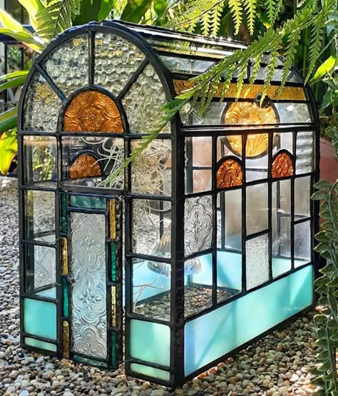 Stainglass Greenhouse, Stain Glass Greenhouse, Stained Glass Greenhouse, House With Greenhouse, Glass Green House, Simple Greenhouse, Stained Glass Terrarium, Wardian Case, Victorian Greenhouses